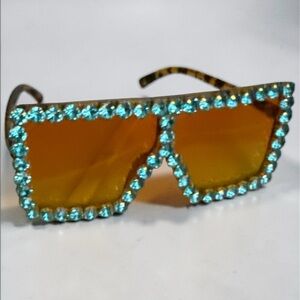 Aqua Crystal-Trim Iced Out Fashion Sunglasses